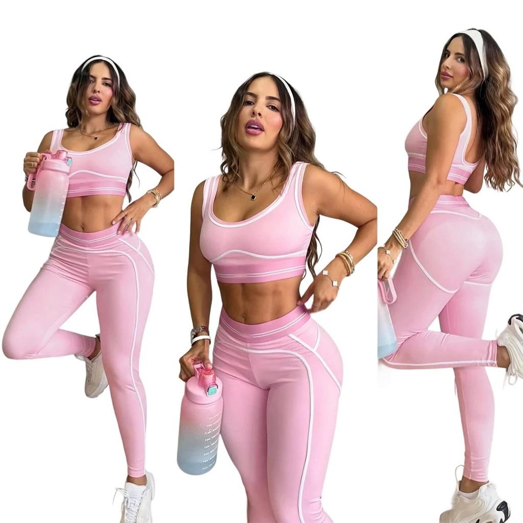 2026 Women Sleeveless Crop Tank High Waist Scrunch Butt Leggings 2 Piece Yoga Workout Tracksuit Solid Contrast Stripe Gym Fitness Set