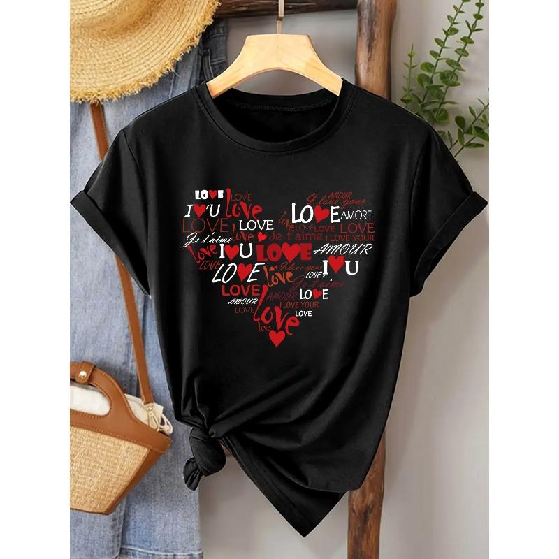 Europäische Größe Damen Lässiges Rundhals-T-Shirt mit "Ich liebe dich" Herz-Grafikdruck, Kurzarm, Weicher Polyesterstoff, Perfekt für alle Jahreszeiten
