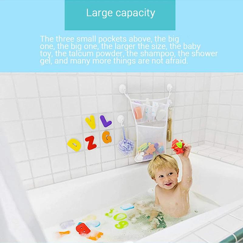 Strong Suction Cups White Toy Storage Mesh Bag for Baby Kids Bath Toys Bathroom Organizer