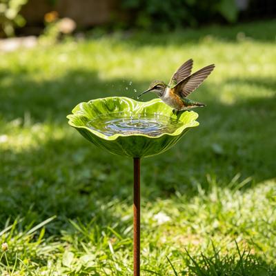 Metal Flower Yard Stake Handmade Bee Watering Station Ground Insert Bird Bath Feeder Butterfly Drinking Bowl Outdoor Decor for Garden Yard Lawn
