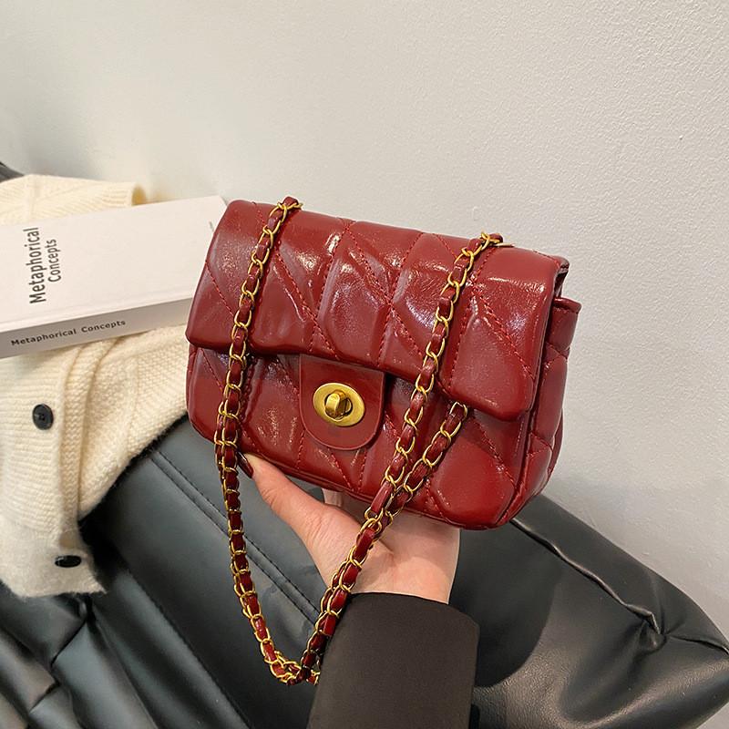 Solid Color Lattice Pu Leather Small Shoulder Bag With Chain Strap For Daily Use