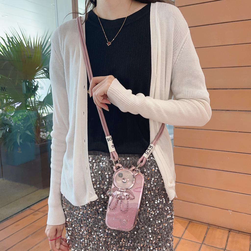 Cartoon Cute Bear Compatible with Apple 16 Crossbody Phone Case iPhone 15 Pro Max Stand 14 Lanyard 12 Glitter