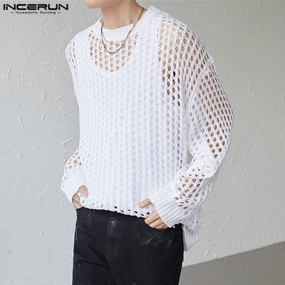 Men Long Sleeve Solid Color Mesh Sheer T-shirts Hollow Tops