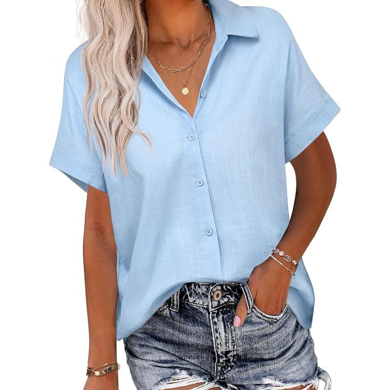 Женская летняя новая однотонная льняная рубашка с короткими рукавами, повседневная свободная рубашка S светло-синий