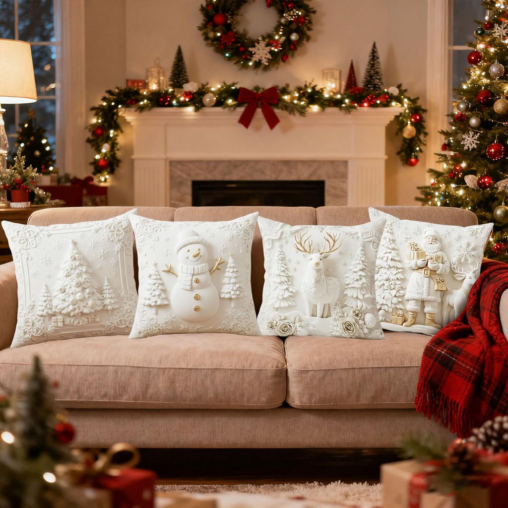 Christmas Cushion Covers Set Of 4 3d Visual Effect Soft White Christmas Throw Pillow Covers Snowman Night Pillowcase Silk