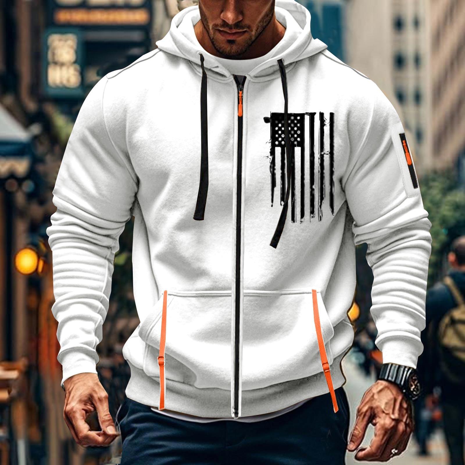 

Мужская спортивная повседневная толстовка с капюшоном, кардиган с капюшоном на молнии, многокарманное пальто с капюшоном XL белый