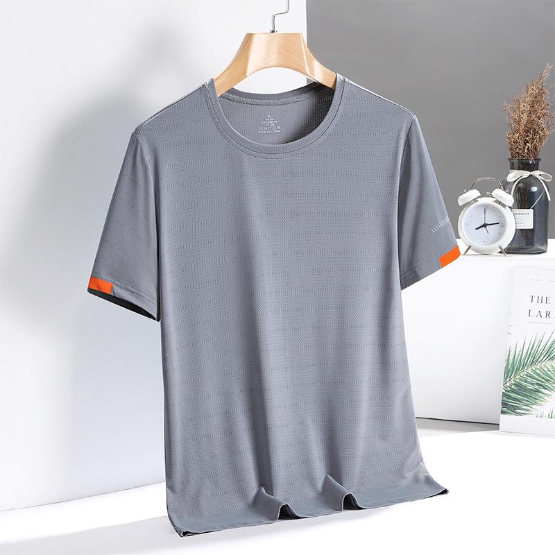 Tricou cu mânecă scurtă, rece și respirabil, pentru bărbați, de vară, din mătase de gheață, cu gât rotund, tricou casual