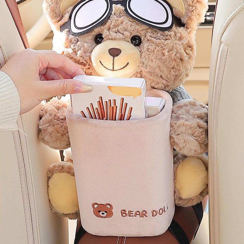 1pcs Car Tissue Box Auto Cartoon Trush Can 2-in-1 Leakproof Plush Bear Tissue Holder And Trash Can For Vehicle Home Travel