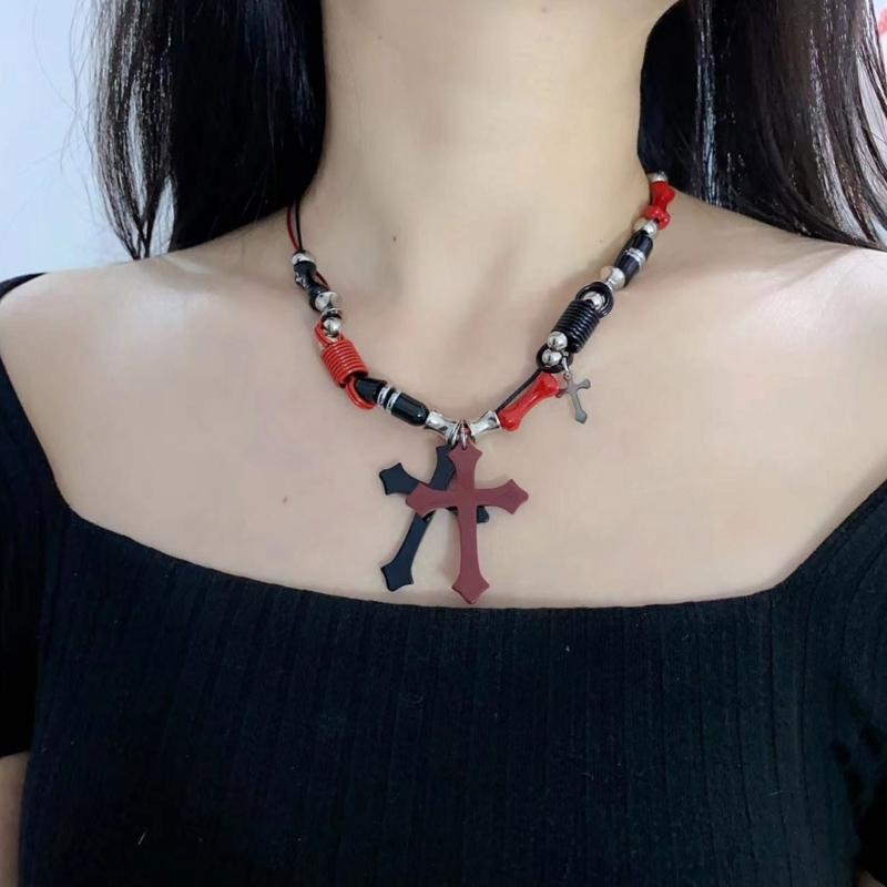 Subculture Rock Beaded Necklace Niche Retro Black Red Crossed Pendant Bead Acrylic Necklace Summer Bead Necklace Jewelry