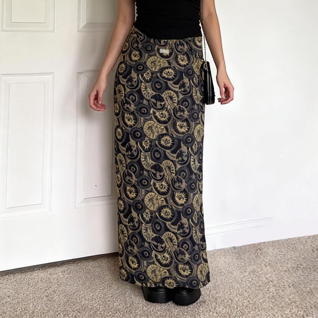 2025 Autumn American Retro Round Print High Waist Slimming Long Skirt