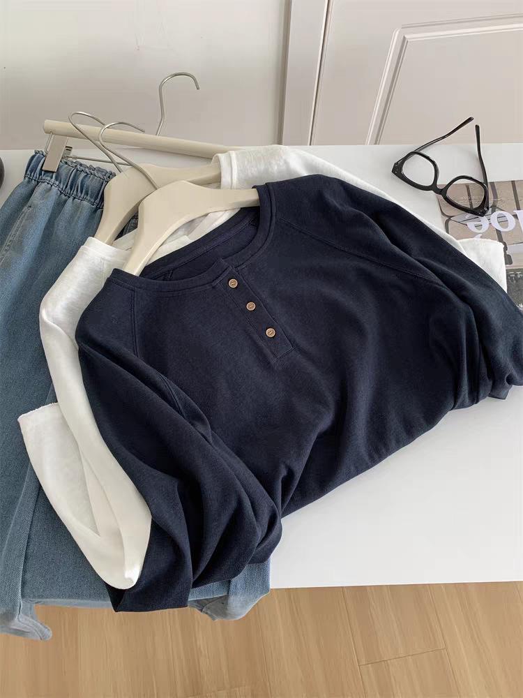 Women's Korean Style Pure Cotton Slimming Long Sleeve T-Shirt with Three-Button Detail - Autumn Casual Wear