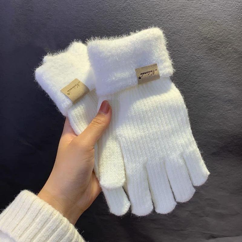 

Cute girl soft waxy solid color dew finger long finger touch screen winter warm wool gloves student