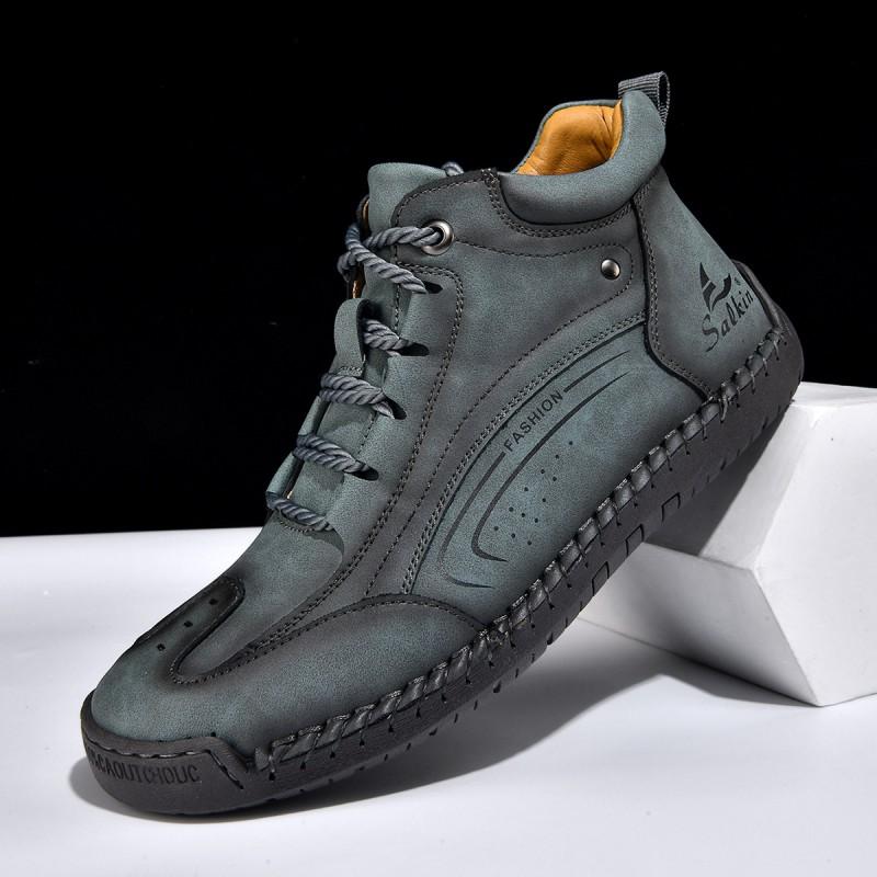 Mens Wide Fit Hand-Stitched Sole Casual Leather Boots Comfortable Outdoor Martin Style Loafer Shoes
