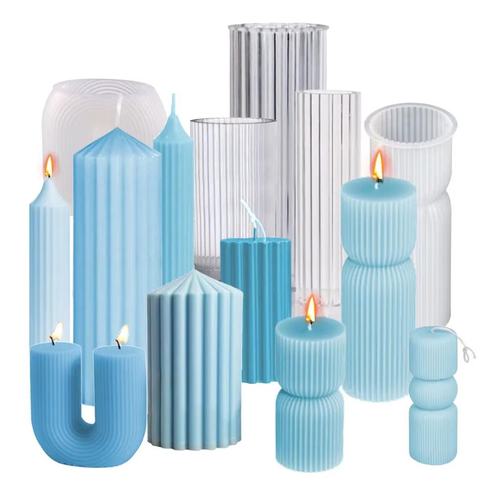 Geometry Stripe Pillar Candle Molds Plastic Column Making CandleHolder Wedding Items 3D Silicone Mold Taper Acrylic Party Supplies