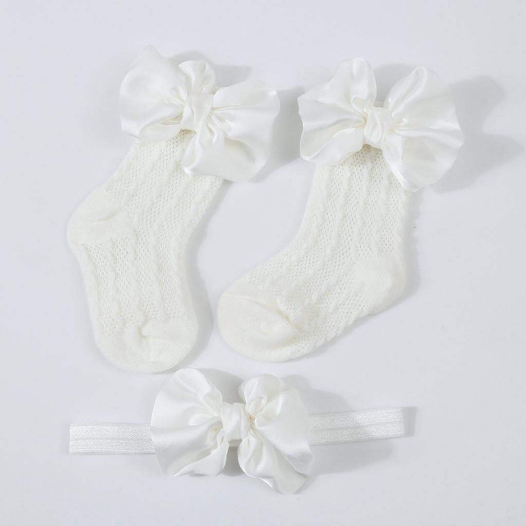 1Set Neugeborenen Big Bowknot Stirnbänder Aushöhlen Lange Socken Neue Baby Weiche Feste Prewalker Socke Mädchen Infant Gestrickte Haarband Socken