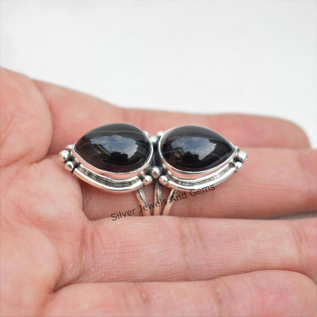 Natural Black Banded Agate Ring, 925 Sterling Silver Ring, Teardrop Black Gemstone Ring, Gift for her, Multi Stone Ring, Handmade Ring
