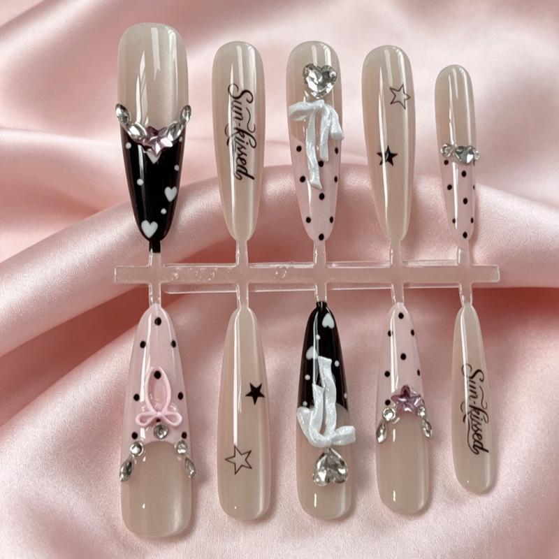 Ultra-Sparkling Zirconia French Cat Eye Black Pink Ballet Press-On Nail Art