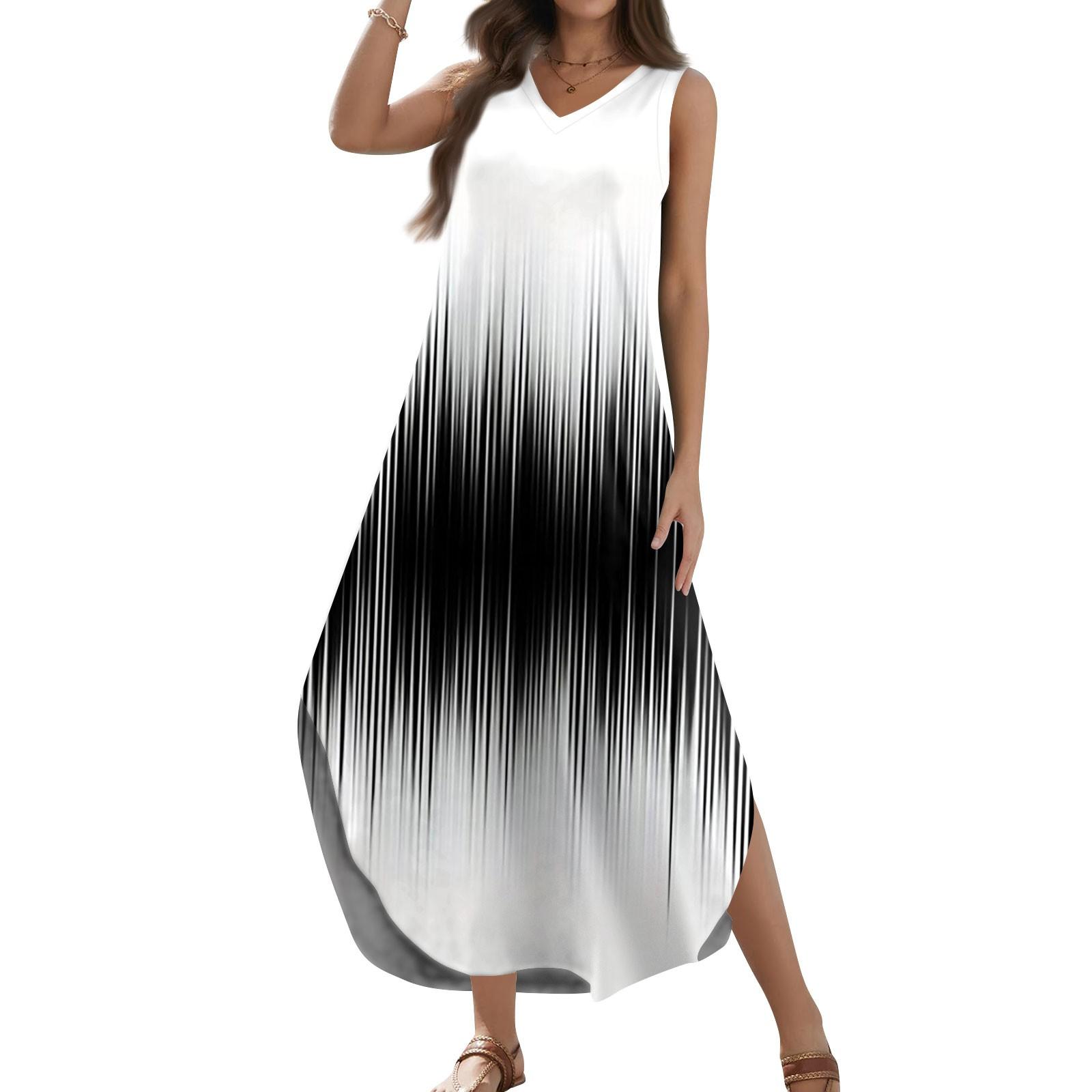 

Женский 2024, летний повседневный свободный сарафан, длинное платье с принтом, без рукавов, с v-образным вырезом и разрезом, футболка, макси-платья XL чёрный