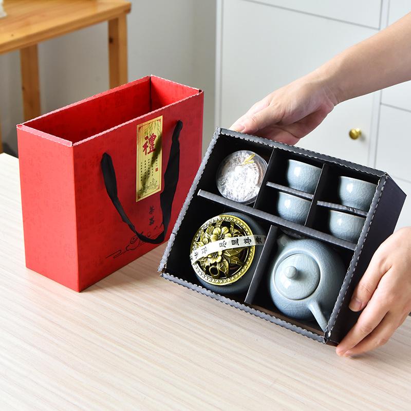 Guochao Ge Kiln Kung Fu Tee-Set Geschenkbox-Set Kreative Keramik Ein Topf Vier Tassen Leichte Luxusgeschenke mit Räuchergefäß