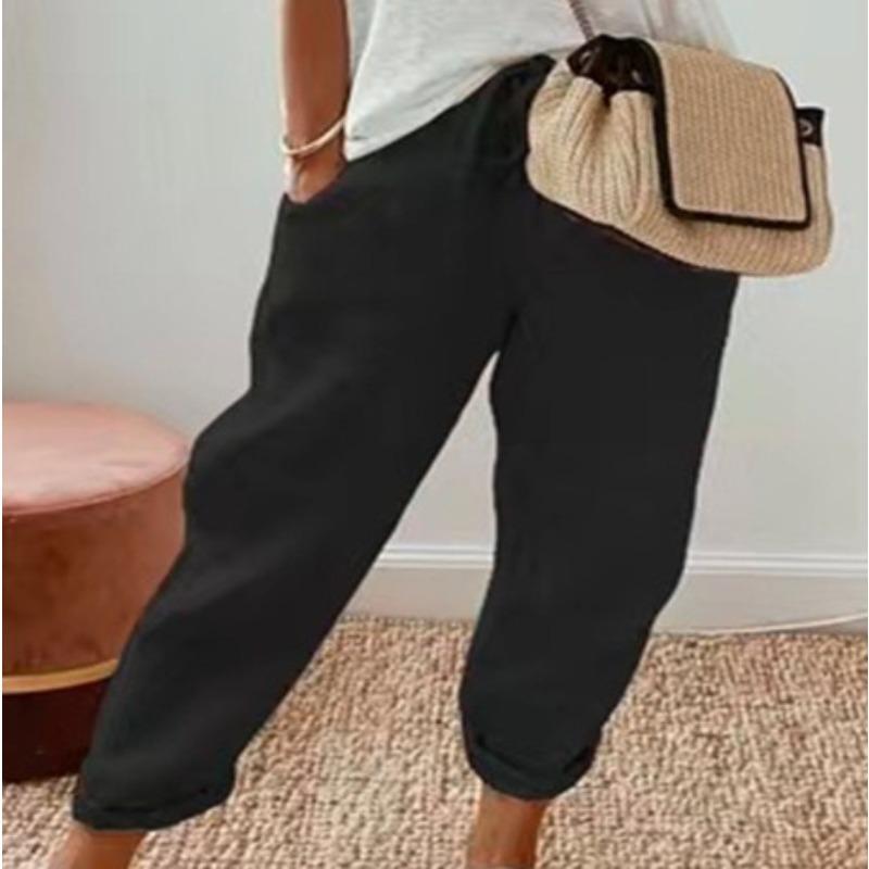 VEZFAA Women's Fashion Casual Solid Color Print High Waist Trousers Pants & Capris