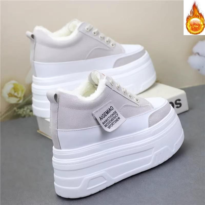 Fashion 12CM Cow Genuine Leather Platform Wedge Causal Autumn Warm Fashion Thick Bottom Women Chunky Sneakers Winter Plush Shoes