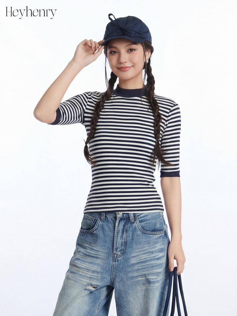 HeyHenry Women's Striped Color Block Seven-Sleeve Slim Fit T-shirt