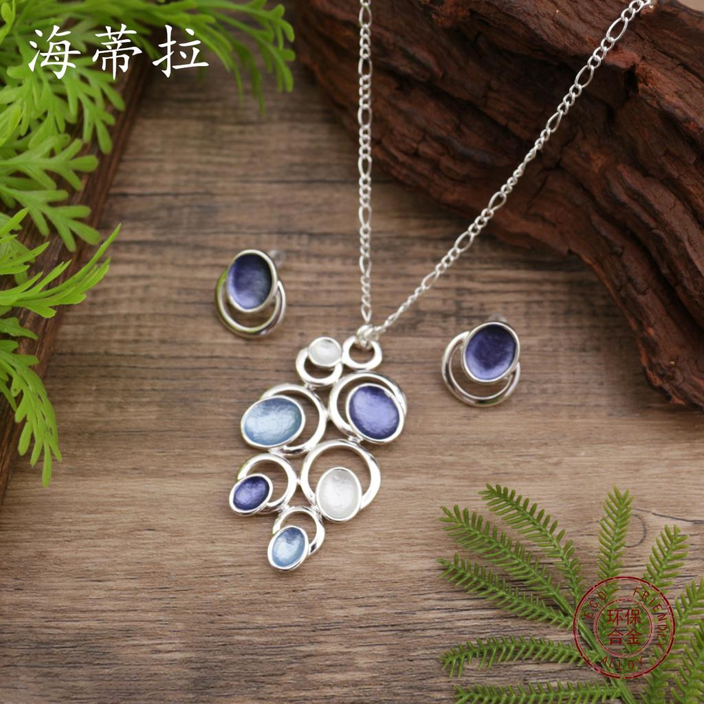 New Enamel Geometric Petal Stud Earrings Pendant Set, Women's Fashion High-end Flower Necklace