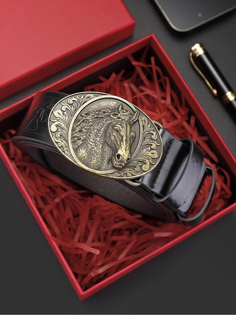 Men's Horse Head Belt Twelve Zodiac Trendy Fashion New Casual Versatile Men's Belt Automatic Buckle Waist Seal Pu Leather Alloy Buckle
