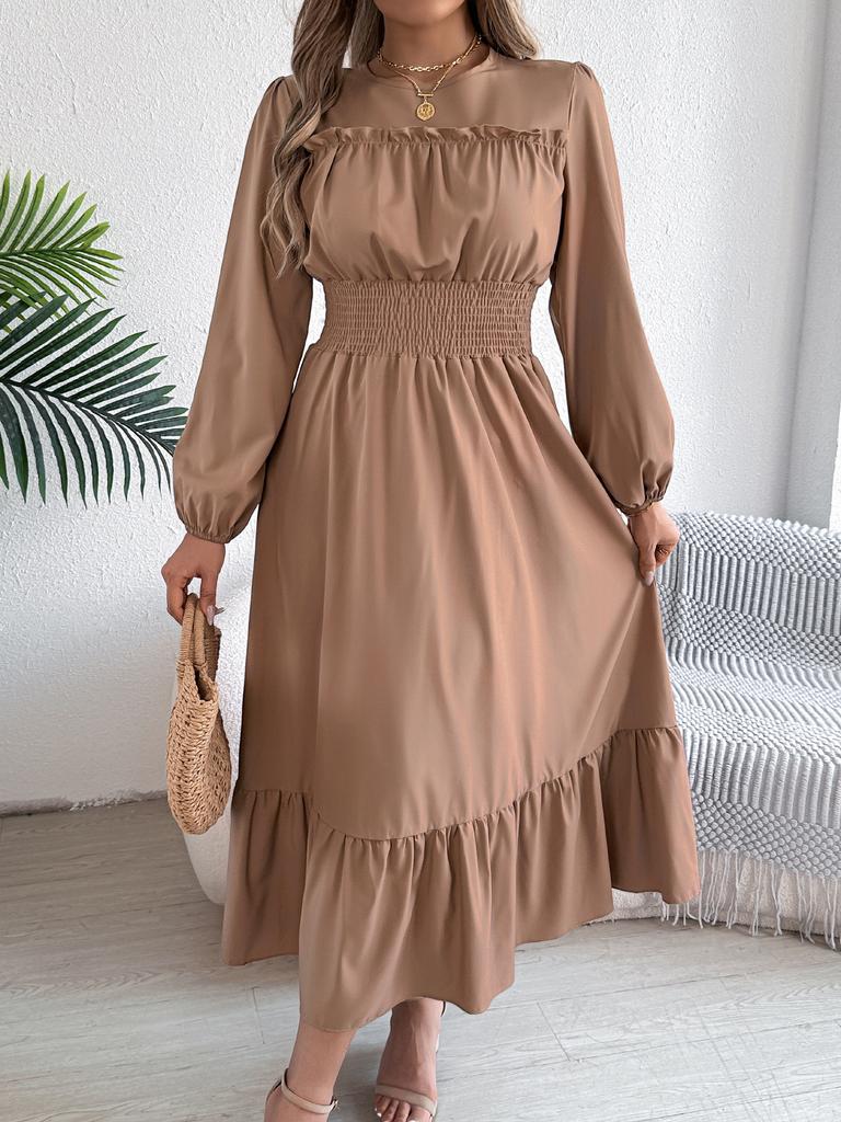 Women's Round Neck Ruffle Smocked Waist Maxi Dress Puff Long Sleeve A Line Tiered Casual Party Dress