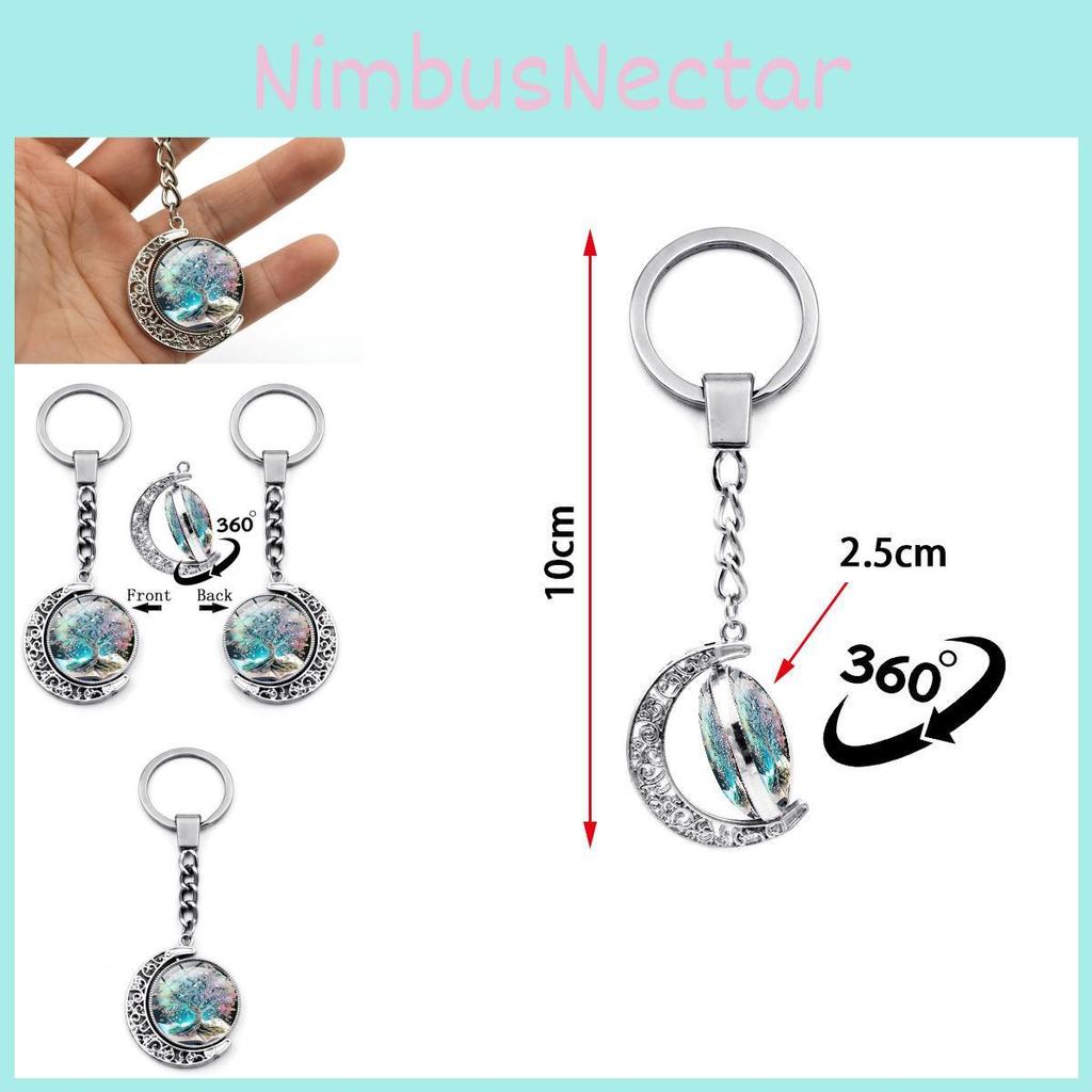 Tree Of Life Pattern Double-sided Rotating Moon Pendant Keychain Metal Key Ring Creative Small Gift Zinc Alloy