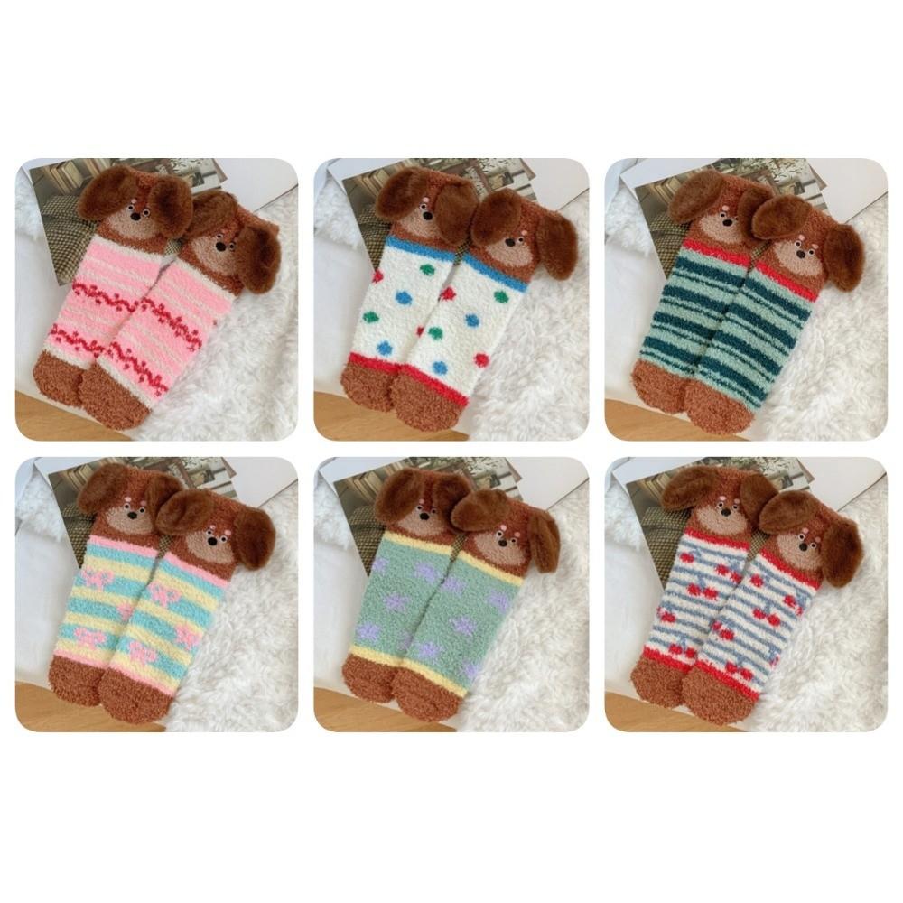 Plush Puppy Ears Coral Fleece Socks Stripe Sleeping Socks Sweet Floor Socks  Girls