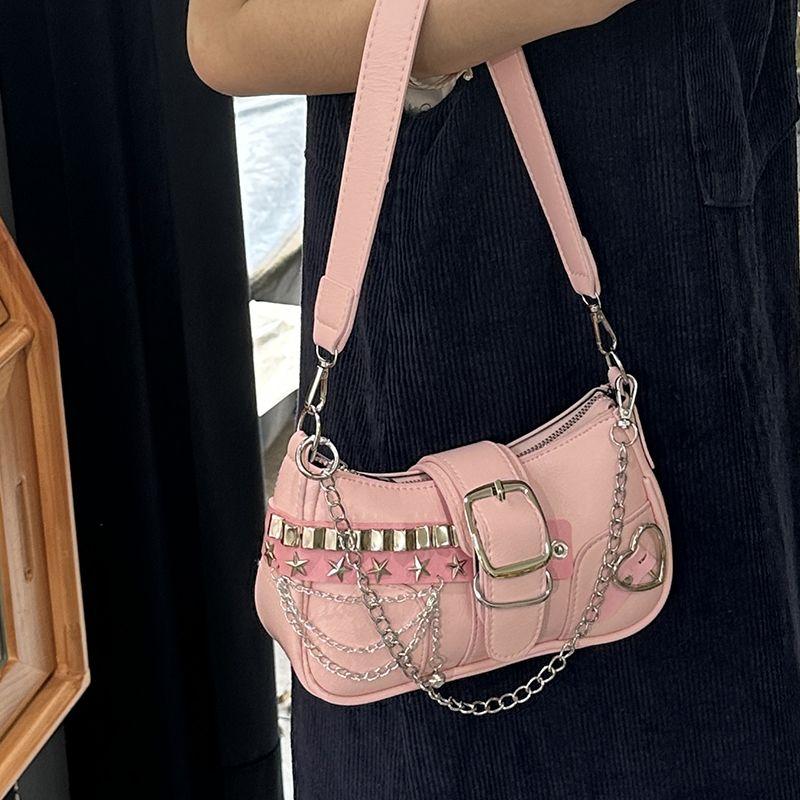Y2K Cool Hot Girls Chain Shoulder Bag Casual Retro Women Underarm Handbags Commuter Candy Color Female Portable Shopping Bags