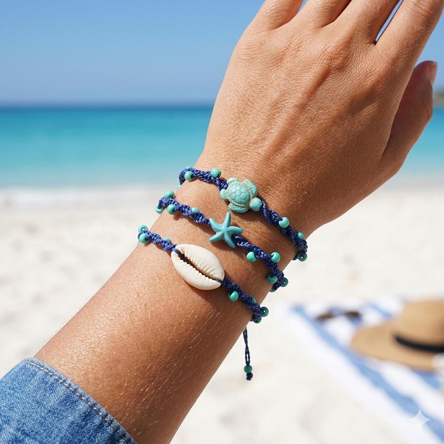 Noter 3Pcs Ladies Sea Creature Charm Bracelet Set Handmade Braided Starfish Shell Turtle Braslet Summer Beach Vacation Jewelry