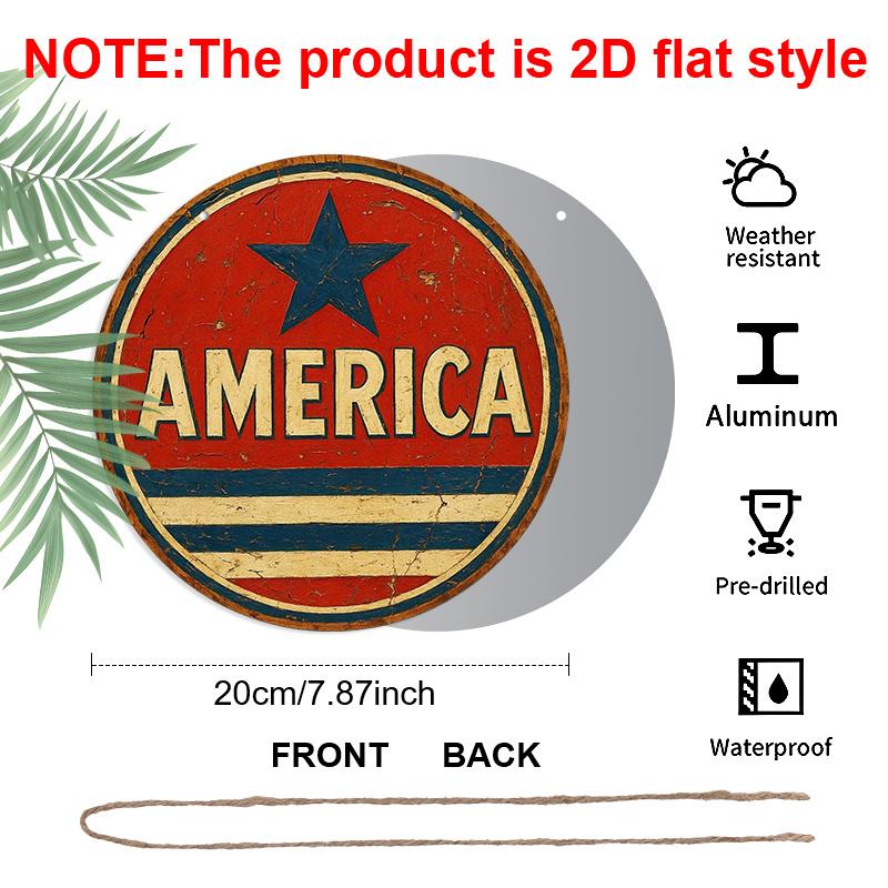 

2D Flat 1pc, 8x8 in, Vintage AMERICA Round Aluminum Metal Sign, Distressed Red & White Design with Star, Ideal for Door, Wall, or Wreath Decor in 1pc
