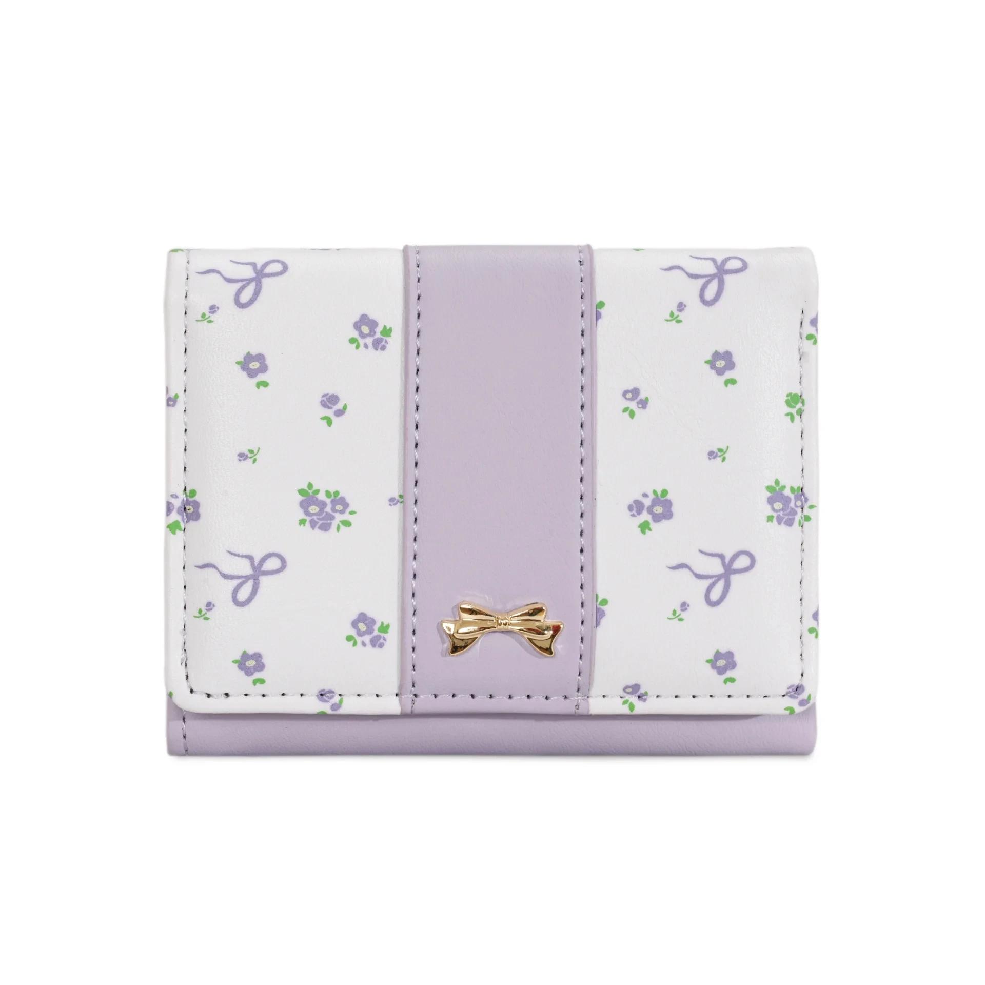 

Girls Cute Fashion Floral Bow Women s Small Wallet Multi-card Slot Simple Card Holder Hasp Three Fold Purse Card Bag Wallet фіолетовий