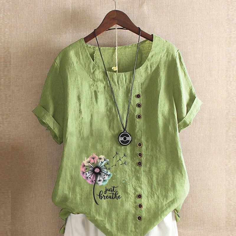 Women's Fashion Colorful Dandelion Prined Short Sleeve T-shirt Loose Cotton Shirt Casual Loose Summer Blouse Tops Plus Size