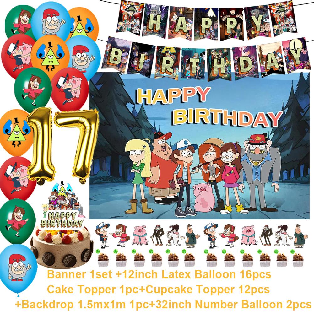 G&Gravity F-Falls Theme Birthday Party Decoration Cartoon Backdrop Banner Cake Topper Number Balloon Baby Shower Party Supplies
