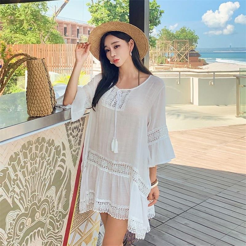 Sexy Beach Vacation Beach Cover Dress With Lace Stitching And Flared Sleeves, Loose Bikini Sun Protection Jacket