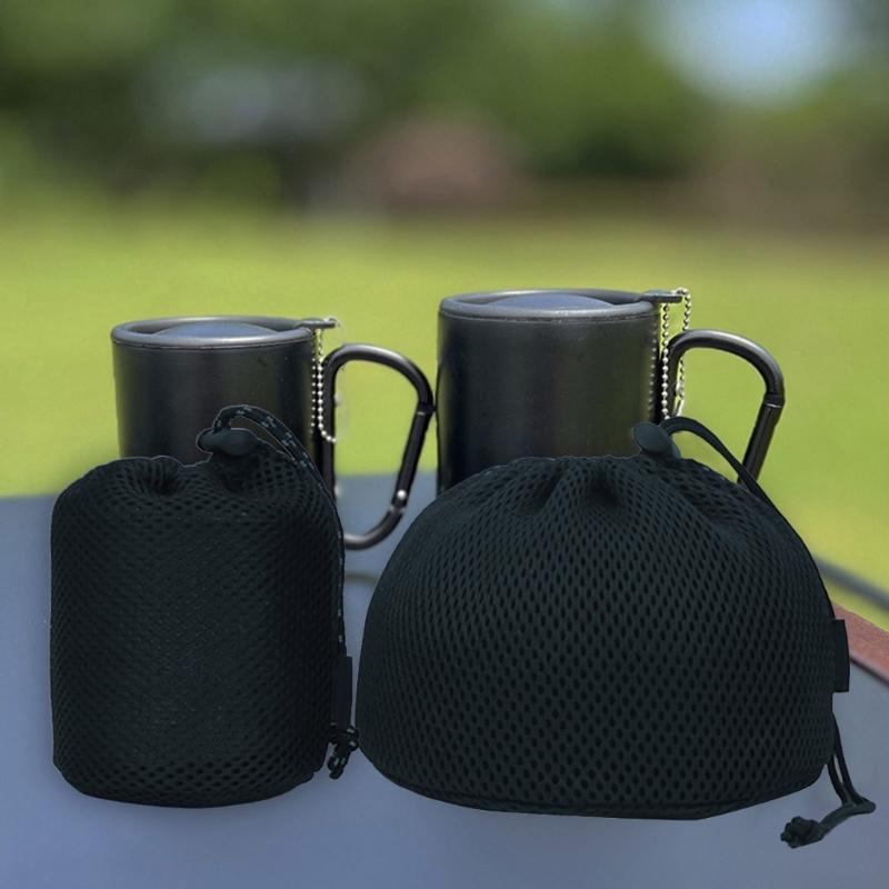Multipurpose Drawstring Bag Outdoor Camping Pots Storage Bag Black Nylon Mesh Bag Tableware Organizers Easy To Use