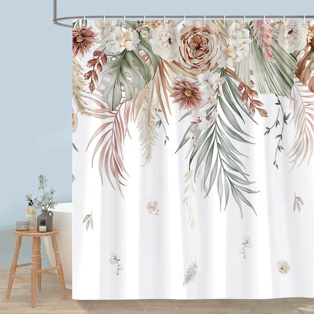 Hübscher Blumiger Duschvorhang Blühende Blume Schmetterling Lotus Polyesterstoff Heim-Duschvorhänge Badezimmer Dekoration Mit Haken