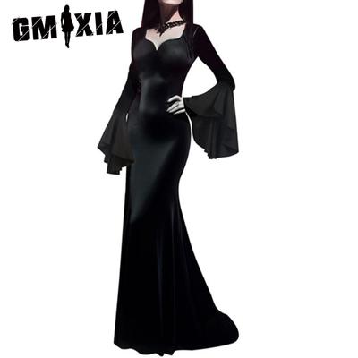 GMXIA Halloween Morticia Adams Spirit Langes schwarzes Adams-Familienkleid Vintage Gothic Lange Kleider