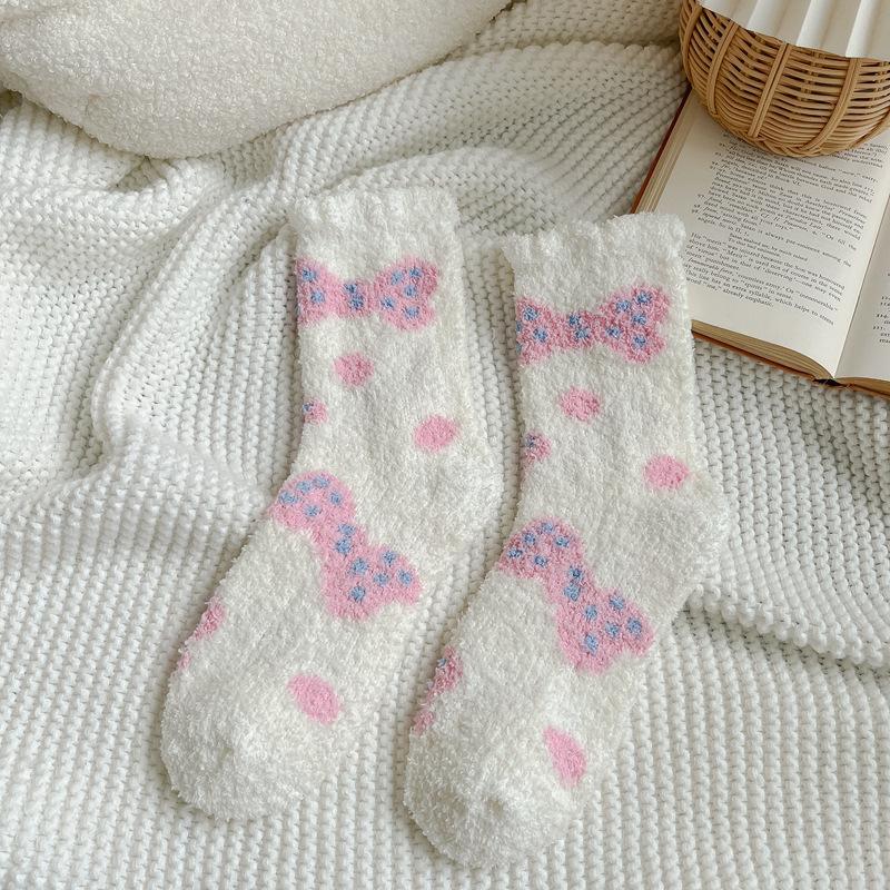 

10Pair Cute Coral Fleece Socks Winter Fleece Thickened Home Care Floor Socks Women S Furry Warm Bow Sleep Socks One size fits all белый
