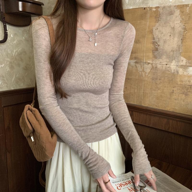 

Micro-transparent knitted bottoming shirt women s autumn and winter new pleated waist tight long-sleeved shirt top One size [recommended 80-60kg]