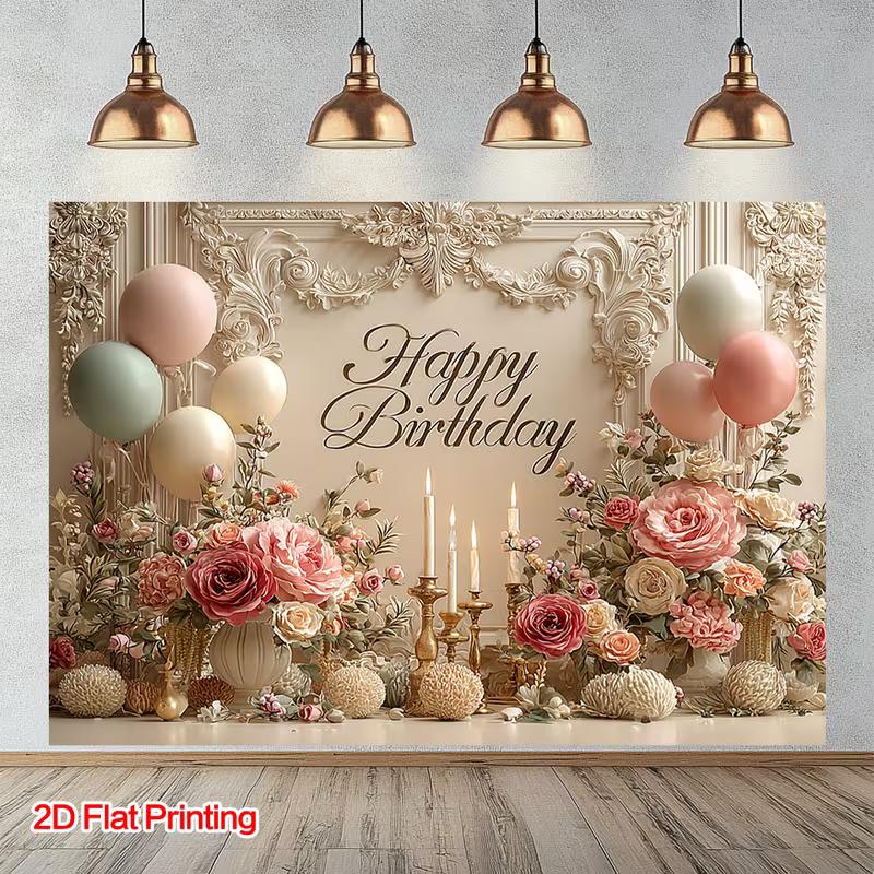 2D Cream Aesthetic Birthday Banner, Pastel Balloons and Floral Arrangement