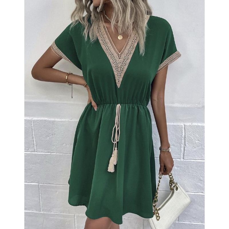 New Women's Solid Color Short Sleeve V-Neck Mini Dress, Lace Trim Tie Waist A-Line Summer Casual Dress with Belt