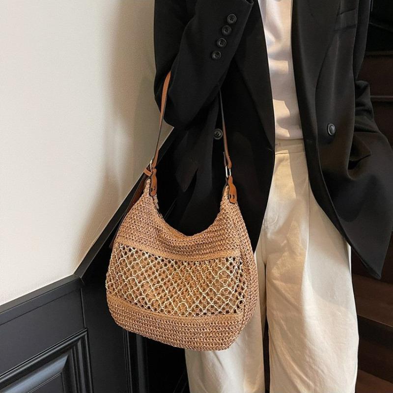 Hollow versatile straw woven bag large capacity zipper woven bag shoulder tote bag seaside vacation beach bag women's bag