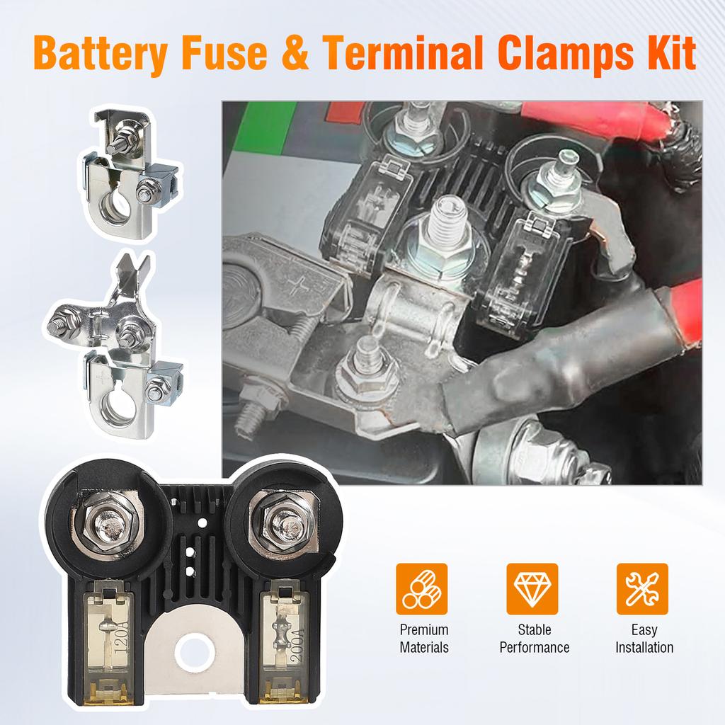 3-Hole Brass Battery Term Clamps 200A 120A Fuse Kit W/ Nut For 2011-2014 Ford F-150 AL3Z-14526-AA BT4Z-14450-AA AE5Z14526BA