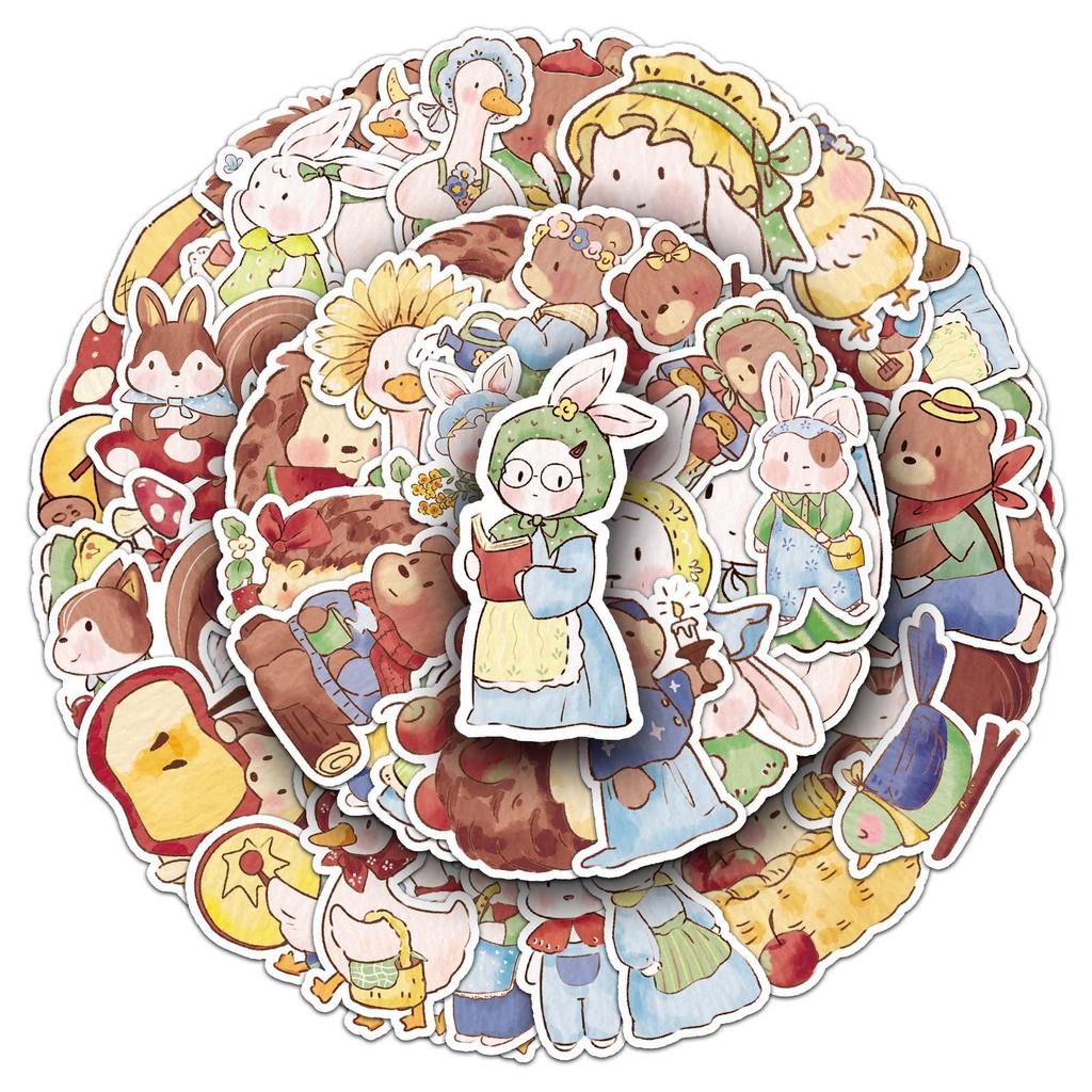 50 Original Forest Style Cartoon Stickers: Cute Hand-Painted Animal Designs for Water Bottles, Planners, and Phone Cases
