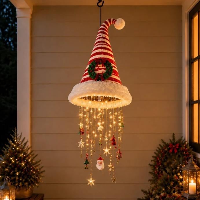 Beleuchteter Weihnachtsmannmützen-Kronleuchter - Warm leuchtende LED-Weihnachtsdekoration Hängender Kronleuchter 5 Stile für festliche Dekoration