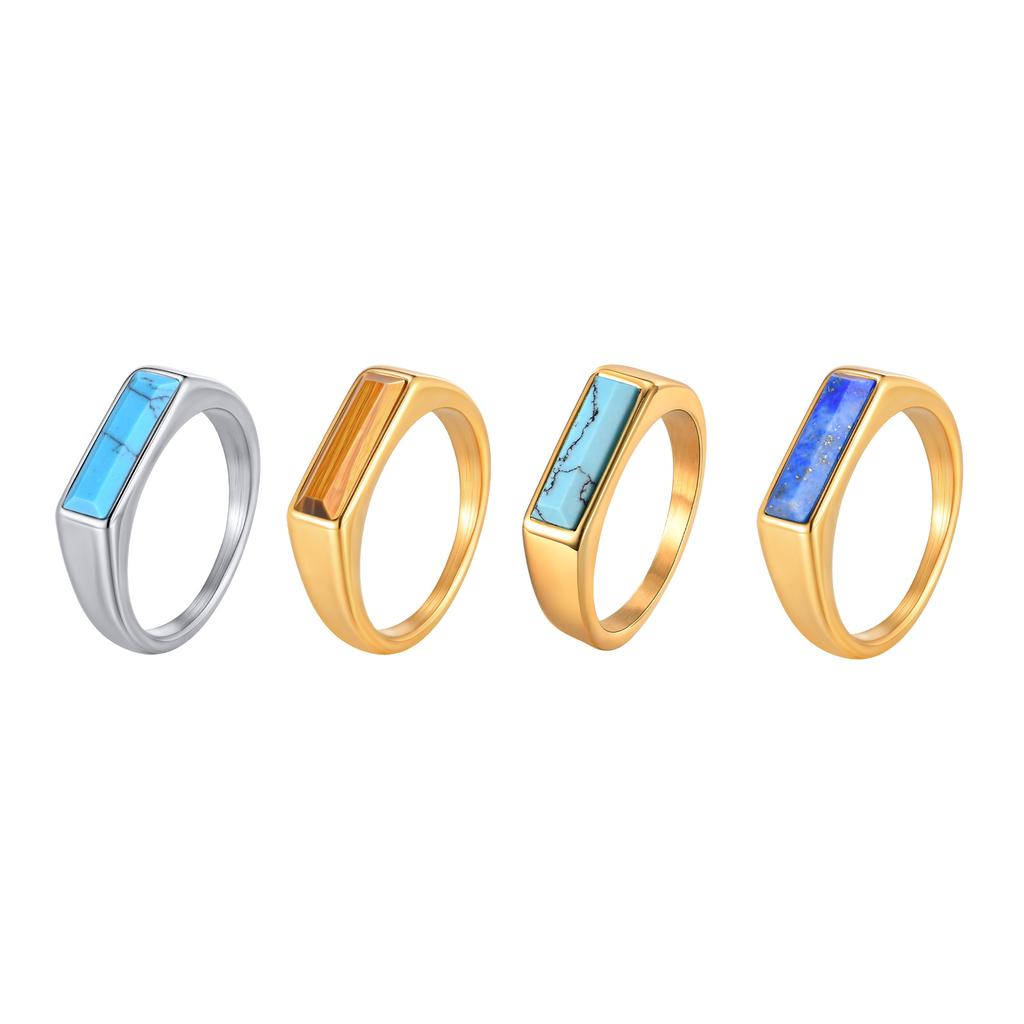 Fashion Natural Stone Signet Ring for Men Women, Gold Plated Stainless Steel Punk Ring, Unisex Finger Jewelry Gift for Him